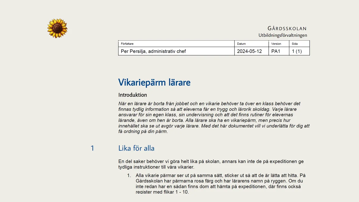 Skärmbild av Vikariepärm
