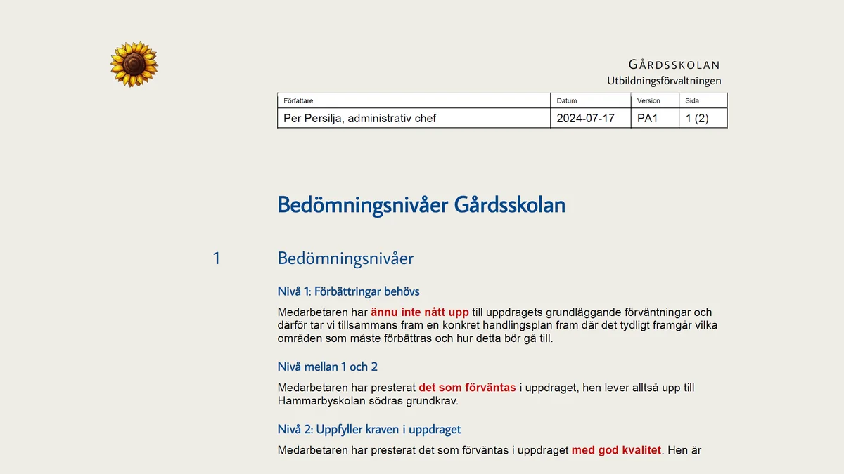 Skärmbild av Löneöversyn - bedömningsnivåer